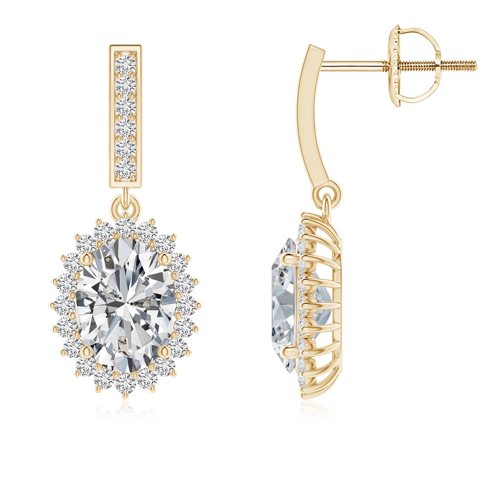 7.7x5.7mm HSI2 Oval Diamond Halo Drop Earrings in Yellow Gold