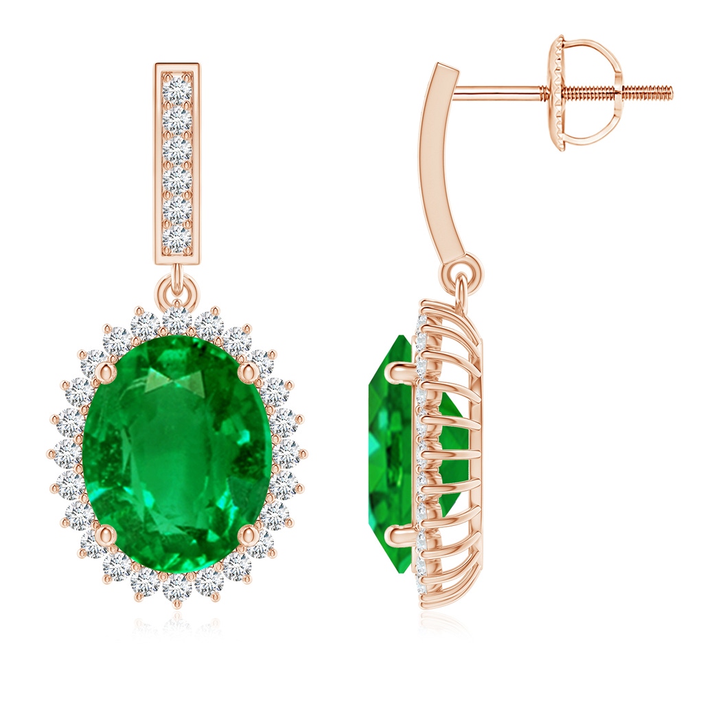 10x8mm AAAA Oval Emerald Halo Drop Earrings in Rose Gold