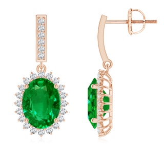 9x7mm AAAA Oval Emerald Halo Drop Earrings in 9K Rose Gold