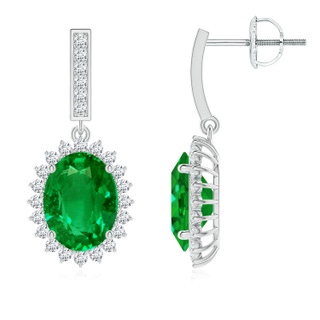 9x7mm AAAA Oval Emerald Halo Drop Earrings in P950 Platinum