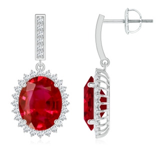 10x8mm AAA Oval Ruby Halo Drop Earrings in P950 Platinum