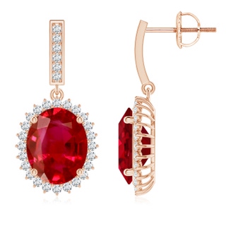 10x8mm AAA Oval Ruby Halo Drop Earrings in Rose Gold