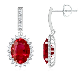 9x7mm AAA Oval Ruby Halo Drop Earrings in P950 Platinum