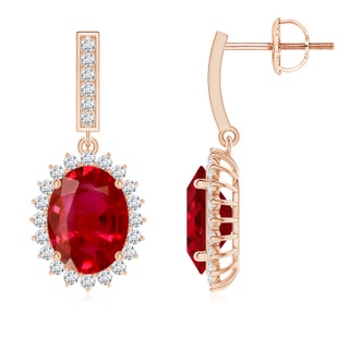 9x7mm AAA Oval Ruby Halo Drop Earrings in Rose Gold