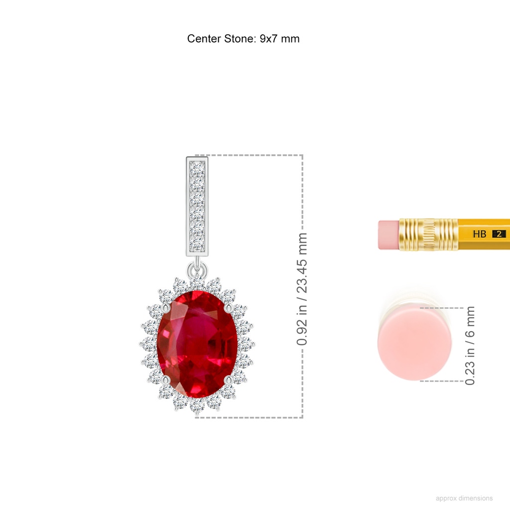 9x7mm AAA Oval Ruby Halo Drop Earrings in White Gold ruler