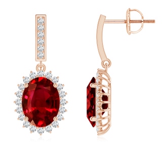 9x7mm AAAA Oval Ruby Halo Drop Earrings in Rose Gold