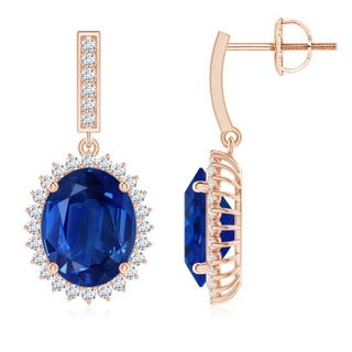 10x8mm AAA Oval Blue Sapphire Halo Drop Earrings in 9K Rose Gold