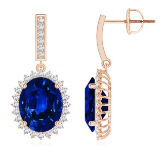 10x8mm AAAA Oval Blue Sapphire Halo Drop Earrings in Rose Gold