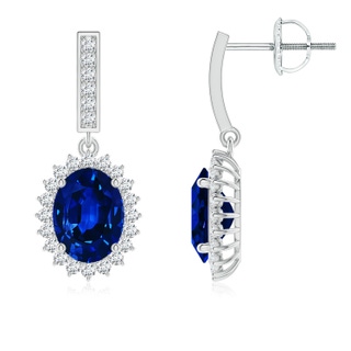 8x6mm AAAA Oval Blue Sapphire Halo Drop Earrings in P950 Platinum