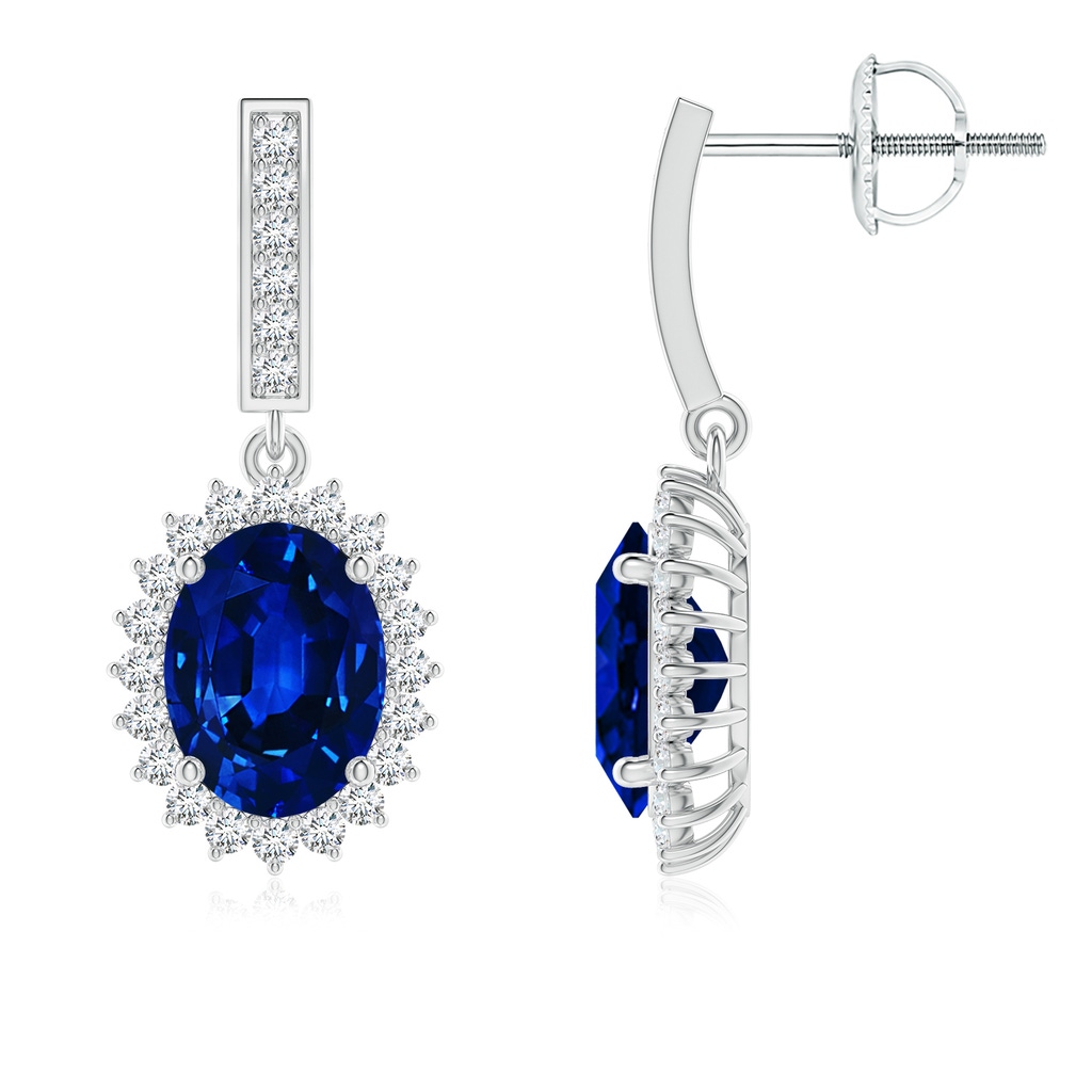 8x6mm Lab-Grown Oval Blue Sapphire Halo Drop Earrings in White Gold