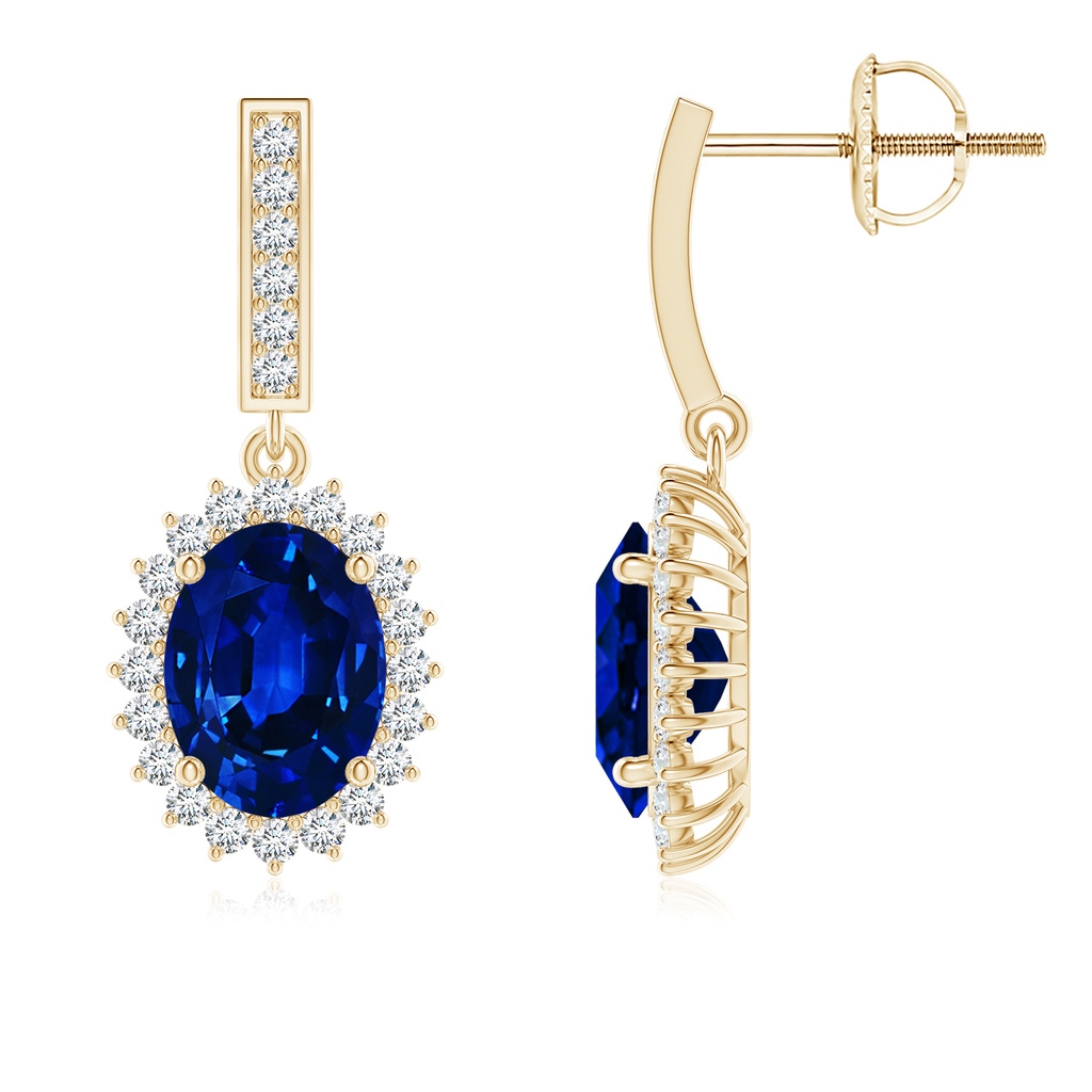 8x6mm Lab-Grown Oval Blue Sapphire Halo Drop Earrings in Yellow Gold