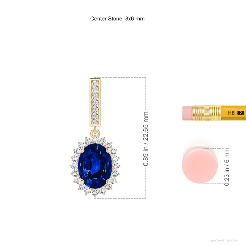 8x6mm Lab-Grown Oval Blue Sapphire Halo Drop Earrings in Yellow Gold ruler