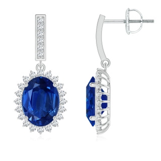 9x7mm AAA Oval Blue Sapphire Halo Drop Earrings in P950 Platinum