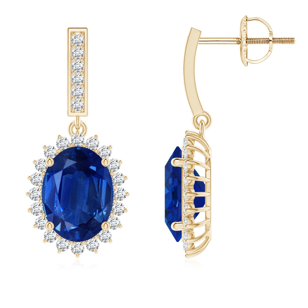 9x7mm AAA Oval Blue Sapphire Halo Drop Earrings in Yellow Gold 