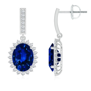 9x7mm AAAA Oval Blue Sapphire Halo Drop Earrings in P950 Platinum