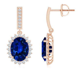 9x7mm AAAA Oval Blue Sapphire Halo Drop Earrings in Rose Gold