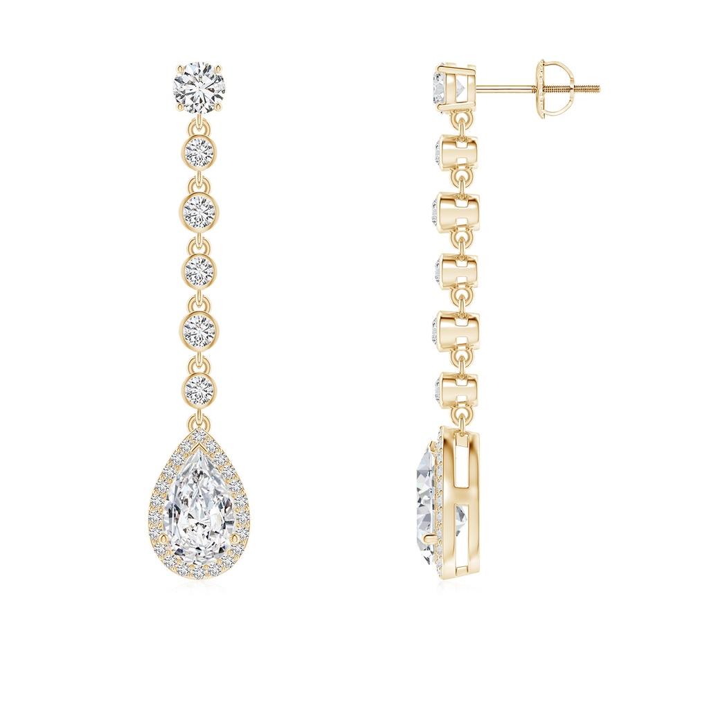 9x5.5mm HSI2 Pear Diamond Halo Drop Earrings with Bezel-Set Accents in Yellow Gold