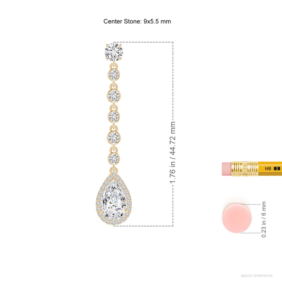 9x5.5mm HSI2 Pear Diamond Halo Drop Earrings with Bezel-Set Accents in Yellow Gold ruler