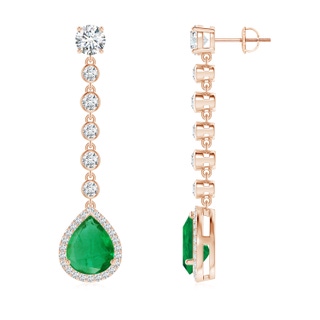 10x8mm AA Pear Emerald Halo Drop Earrings with Bezel-Set Accents in Rose Gold