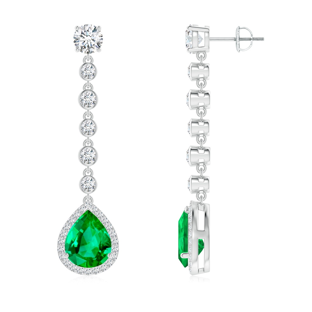 10x8mm AAA Pear Emerald Halo Drop Earrings with Bezel-Set Accents in White Gold