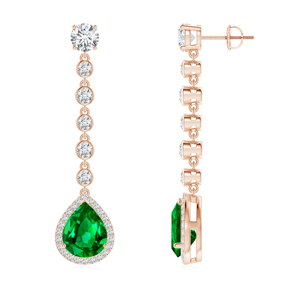 10x8mm AAAA Pear Emerald Halo Drop Earrings with Bezel-Set Accents in Rose Gold