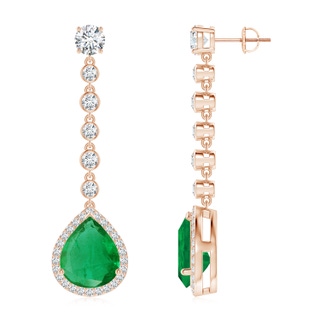 12x10mm AA Pear Emerald Halo Drop Earrings with Bezel-Set Accents in Rose Gold