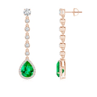 9x7mm AAA Pear Emerald Halo Drop Earrings with Bezel-Set Accents in Rose Gold