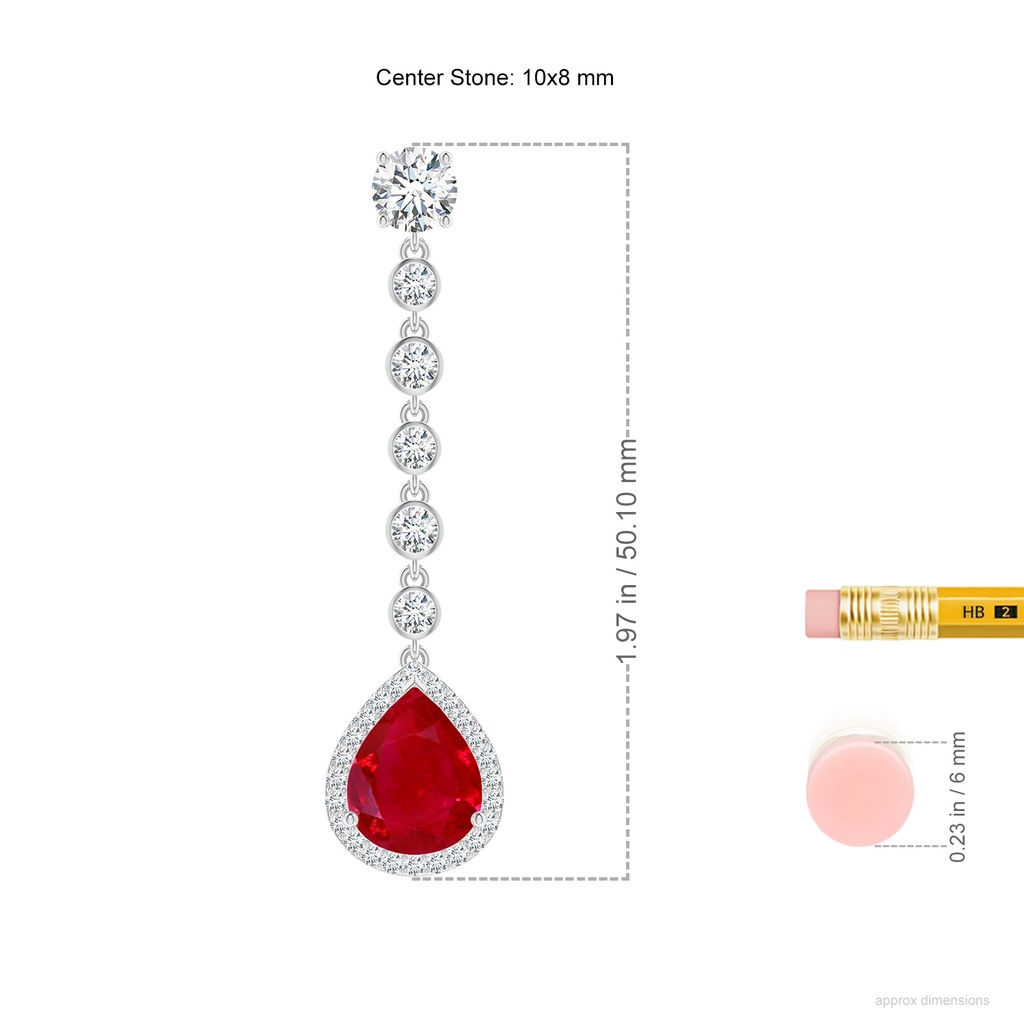 10x8mm AAA Pear Ruby Halo Drop Earrings with Bezel-Set Accents in White Gold ruler