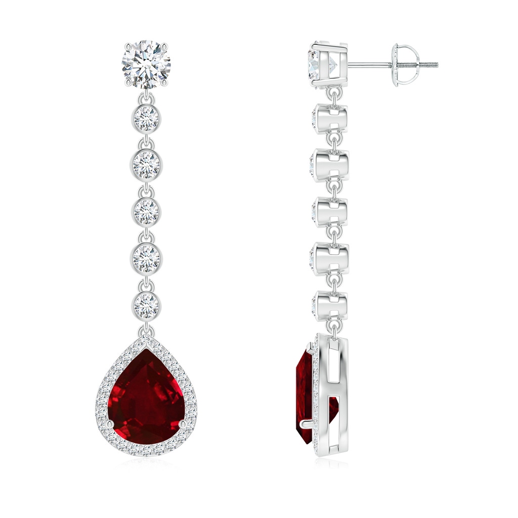10x8mm AAAA Pear Ruby Halo Drop Earrings with Bezel-Set Accents in P950 Platinum