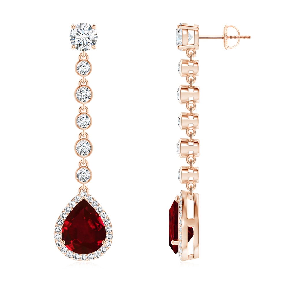 10x8mm AAAA Pear Ruby Halo Drop Earrings with Bezel-Set Accents in Rose Gold