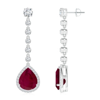 12x10mm A Pear Ruby Halo Drop Earrings with Bezel-Set Accents in P950 Platinum