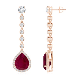 12x10mm A Pear Ruby Halo Drop Earrings with Bezel-Set Accents in Rose Gold