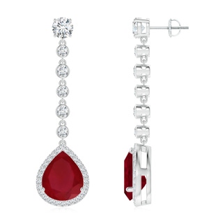 12x10mm AA Pear Ruby Halo Drop Earrings with Bezel-Set Accents in P950 Platinum