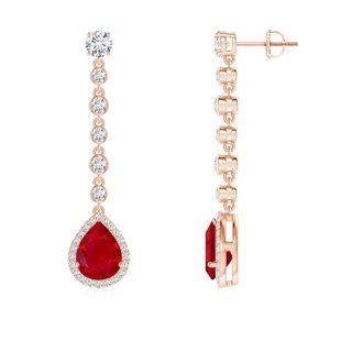 9x7mm AAA Pear Ruby Halo Drop Earrings with Bezel-Set Accents in Rose Gold