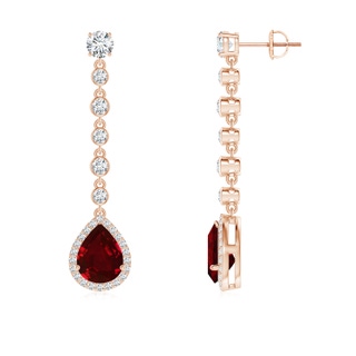 9x7mm AAAA Pear Ruby Halo Drop Earrings with Bezel-Set Accents in Rose Gold