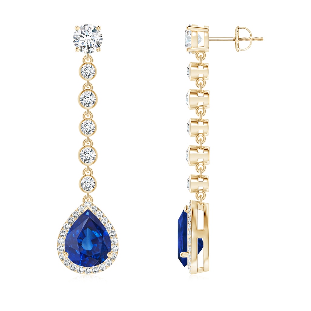 10x8mm AAA Pear Blue Sapphire Halo Drop Earrings with Bezel-Set Accents in Yellow Gold