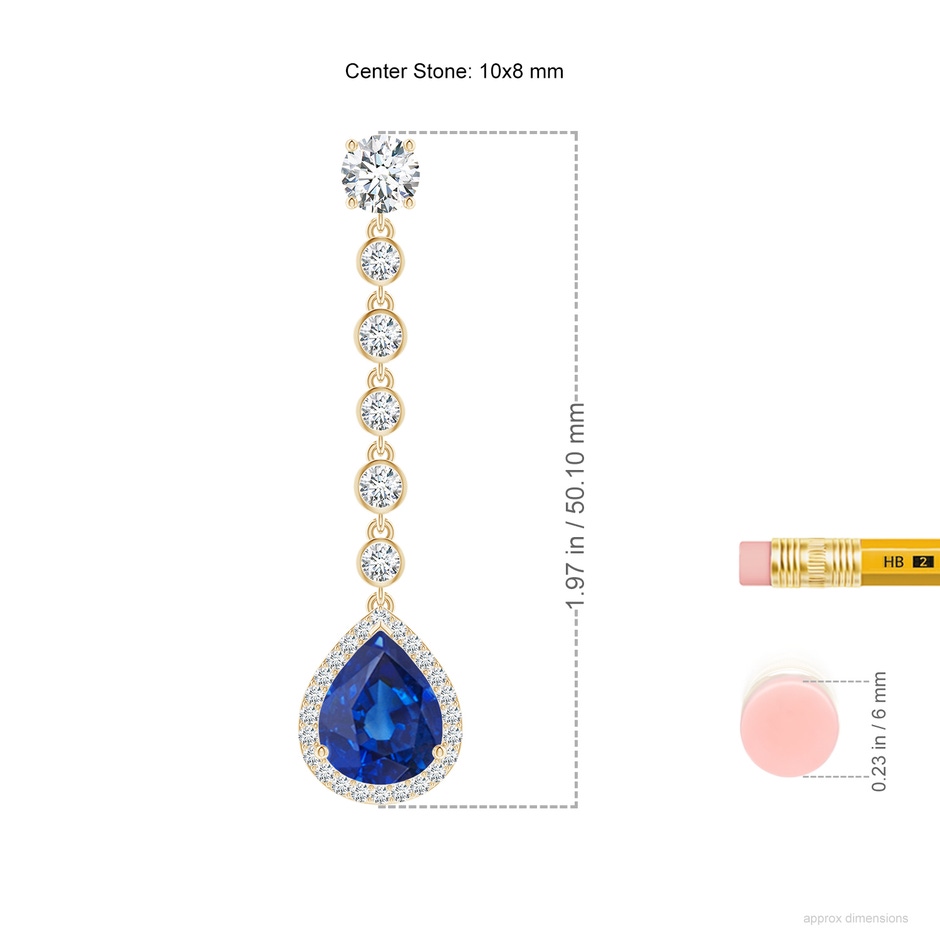 10x8mm AAA Pear Blue Sapphire Halo Drop Earrings with Bezel-Set Accents in Yellow Gold ruler