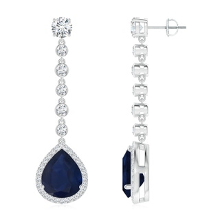 12x10mm A Pear Blue Sapphire Halo Drop Earrings with Bezel-Set Accents in P950 Platinum