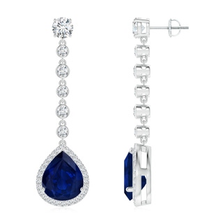 12x10mm AA Pear Blue Sapphire Halo Drop Earrings with Bezel-Set Accents in P950 Platinum