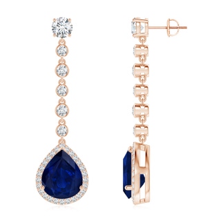 12x10mm AA Pear Blue Sapphire Halo Drop Earrings with Bezel-Set Accents in Rose Gold