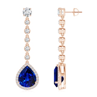 12x10mm Lab-Grown Pear Blue Sapphire Halo Drop Earrings with Bezel-Set Accents in 18K Rose Gold