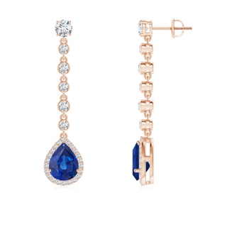 9x7mm AAA Pear Blue Sapphire Halo Drop Earrings with Bezel-Set Accents in Rose Gold