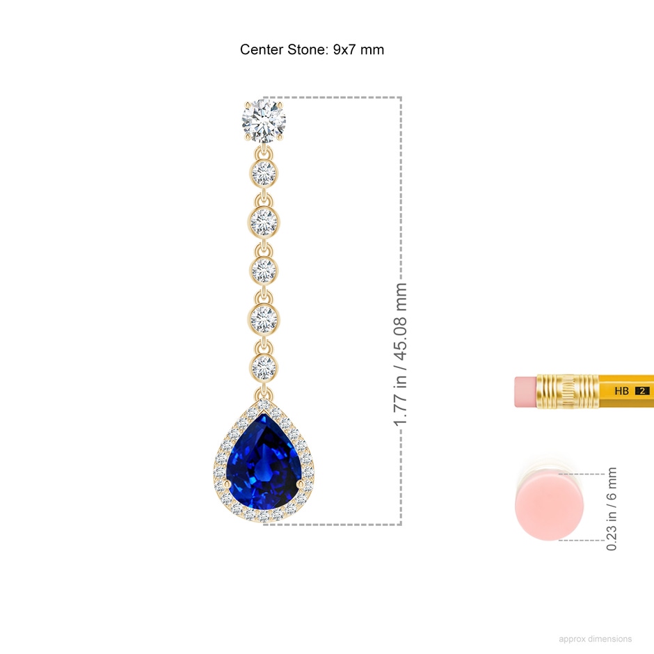 9x7mm Lab-Grown Pear Blue Sapphire Halo Drop Earrings with Bezel-Set Accents in Yellow Gold ruler