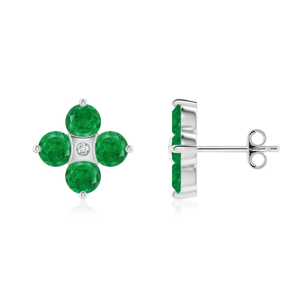 4mm AA Nature Inspired Round Emerald and Diamond Flower Stud Earrings in White Gold