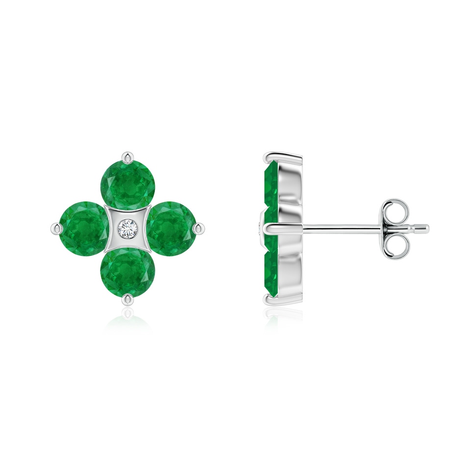 4mm AA Nature Inspired Round Emerald and Diamond Flower Stud Earrings in White Gold 