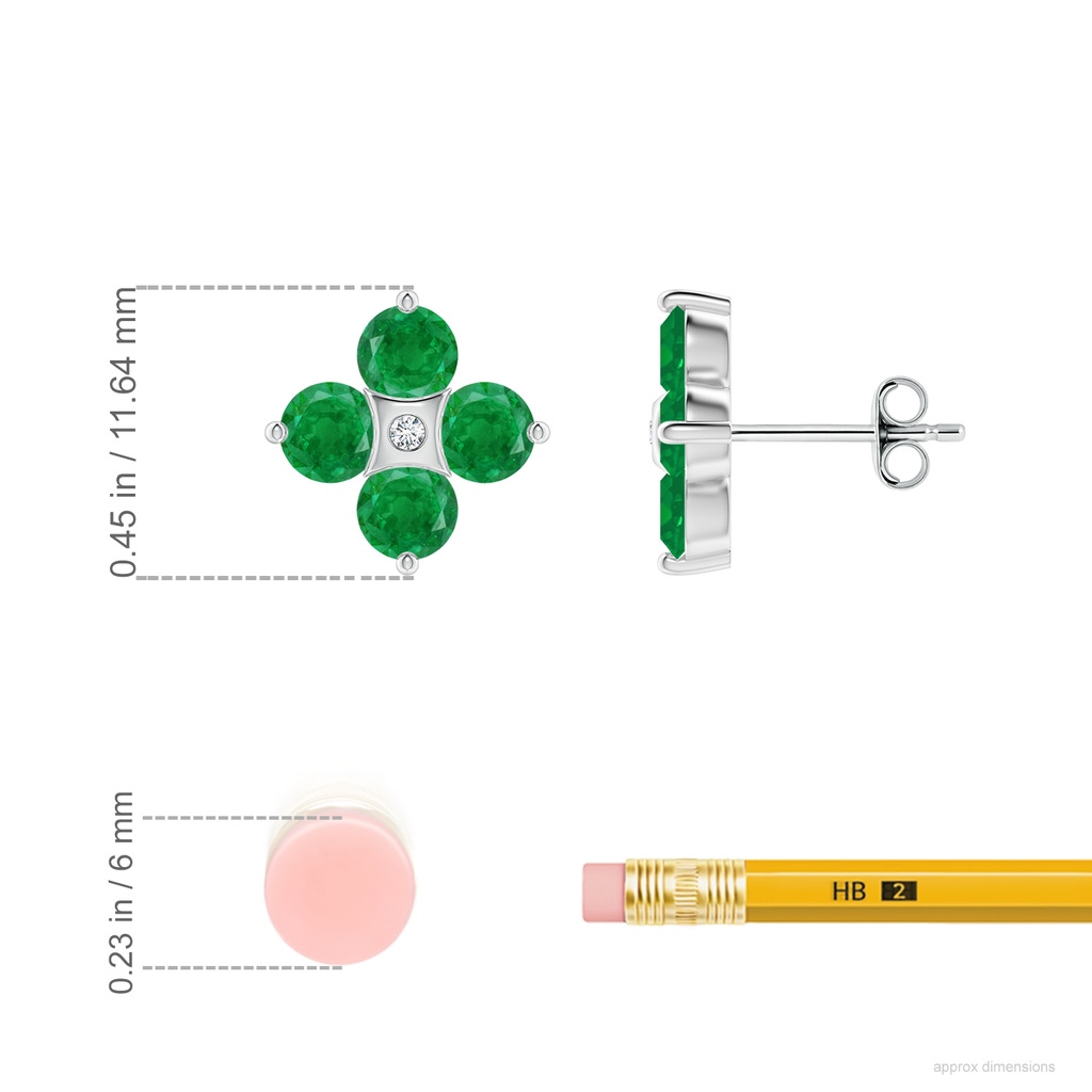 4mm AA Nature Inspired Round Emerald and Diamond Flower Stud Earrings in White Gold ruler