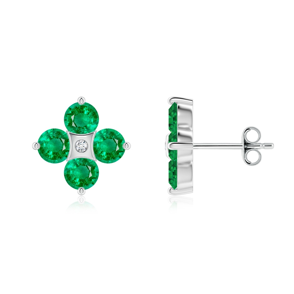 4mm AAA Nature Inspired Round Emerald and Diamond Flower Stud Earrings in White Gold 