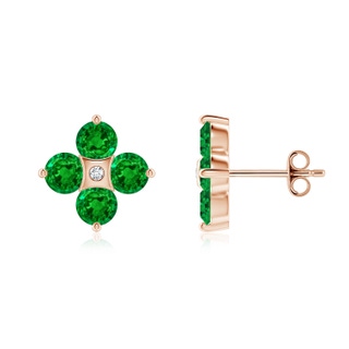 4mm AAAA Nature Inspired Round Emerald and Diamond Flower Stud Earrings in Rose Gold