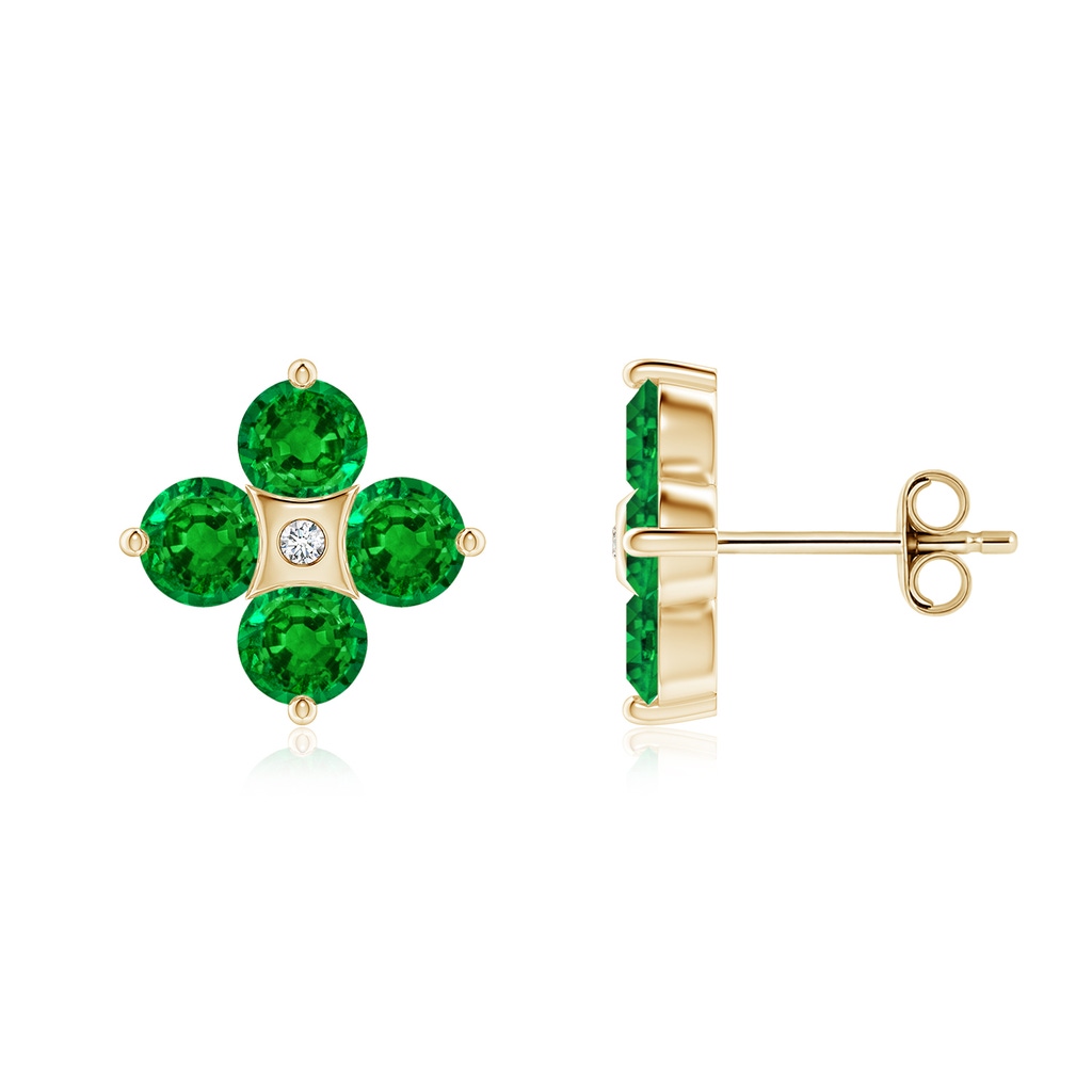 4mm AAAA Nature Inspired Round Emerald and Diamond Flower Stud Earrings in Yellow Gold