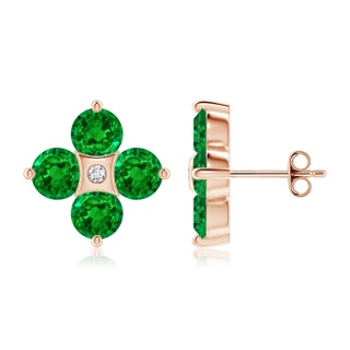 5mm AAAA Nature Inspired Round Emerald and Diamond Flower Stud Earrings in Rose Gold